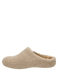 Chausson beige à enfiler avec un tissu texturé et duveteux, talon bas, conçu pour le confort et la chaleur à l’intérieur.