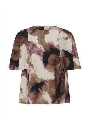 Bluza kratkih rukava slobodnog kroja, s apstraktnim uzorkom u akvarel stilu u smeđim, crnim, bijelim i ljubičastim tonovima, okruglim izrezom i zatvaračem na leđima.