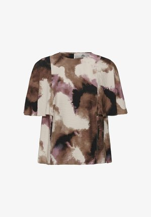 Bluza kratkih rukava slobodnog kroja, s apstraktnim uzorkom u akvarel stilu u smeđim, crnim, bijelim i ljubičastim tonovima, okruglim izrezom i zatvaračem na leđima.