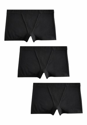 Trois paires de boxers noirs pour hommes disposées verticalement sur un fond blanc.