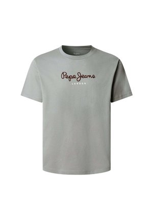 Tricou scurt, gri deschis, cu mânecă scurtă, având logo-ul "Pepe Jeans London" în maro închis și alb, centrat pe piept.