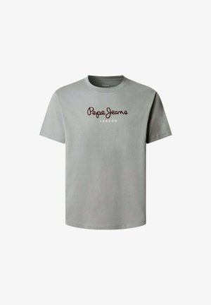 Tricou scurt, gri deschis, cu mânecă scurtă, având logo-ul "Pepe Jeans London" în maro închis și alb, centrat pe piept.