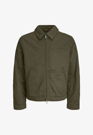 Veste zippée vert olive avec un col, deux poches latérales, une poche poitrine et des manches longues.
