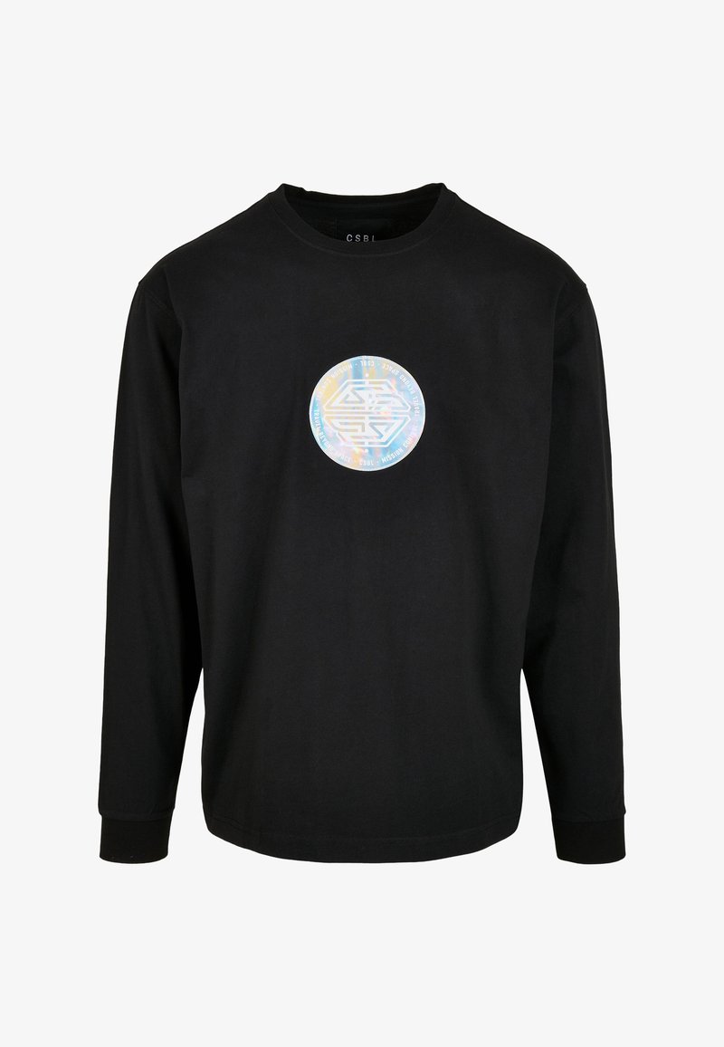 Crna majica dugih rukava od pamuka, s kružnim holografskim logom na prsima i detaljima teksta i geometrijskog dizajna.