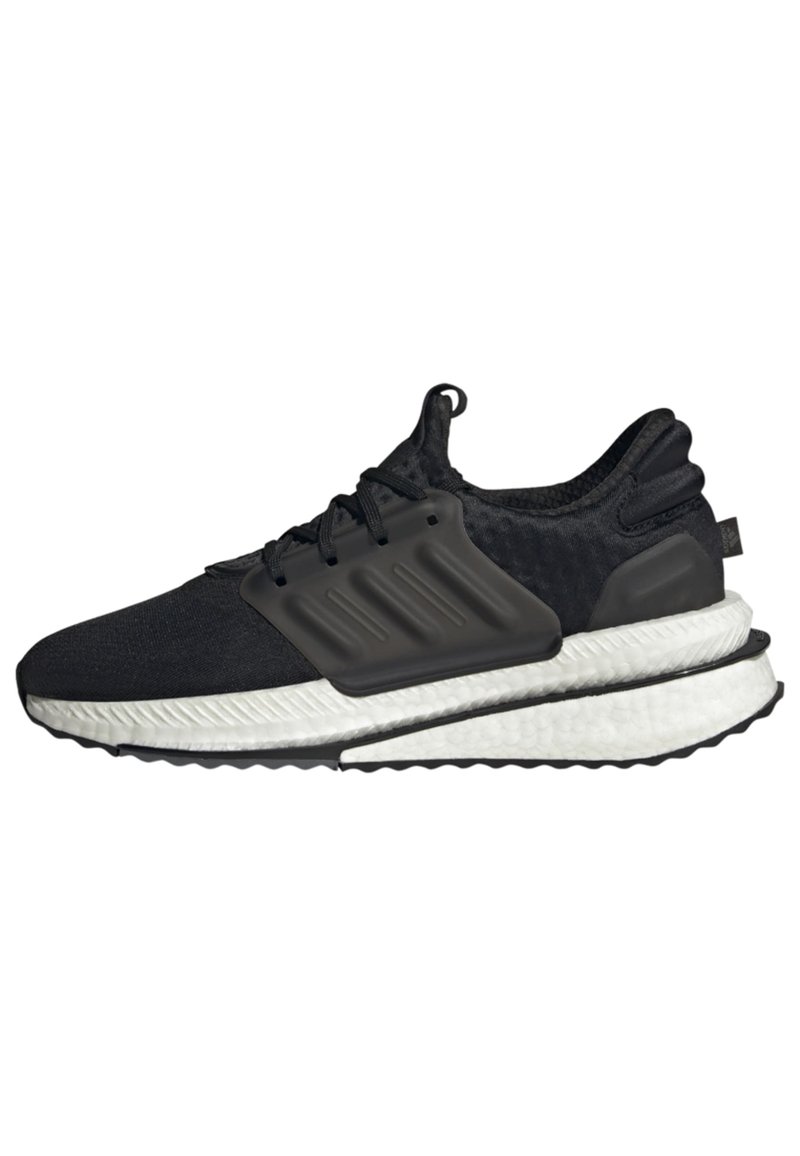 Schwarzer Sportschuh mit einer strukturierten Oberseite, verziert mit einem geformten grauen Mittelteil, weißer gepolsterter Sohle und schwarzem Gummiaußensohle.