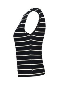 Striped tank top in navy and white, featuring a scoop neckline and wide armholes. Ribbed texture, form-fitting design, and side seam detailing.