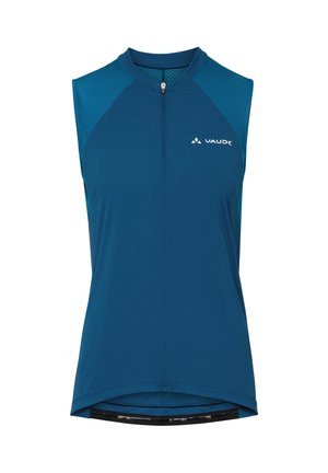 Ärmelloses blaues Radtrikot mit Frontreißverschluss, strukturierten Schulterpaneelen und "VAUDE"-Logo auf der linken Brust.