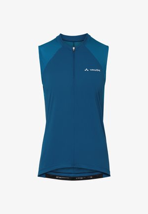 Ärmelloses blaues Radtrikot mit Frontreißverschluss, strukturierten Schulterpaneelen und "VAUDE"-Logo auf der linken Brust.