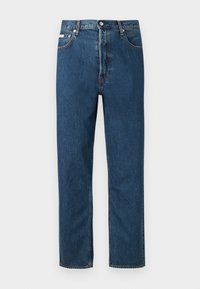 Jean en denim bleu mi-hauteur avec une coupe droite, présentant des poches avant, des passants de ceinture et une couture contrastée discrète.