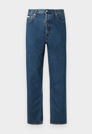 Mid-rise blauwe denim jeans met een rechte pijpdesign, voorzien van frontzakken, riemlussen en subtiele contrasterende stiksel.