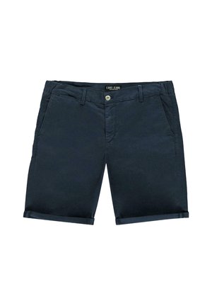 Marineblauwe katoenen shorts met een knoopsluiting aan de voorkant, riemlussen, zijzakken en opgerolde manchetten. Soepele textuur met een klassiek ontwerp.