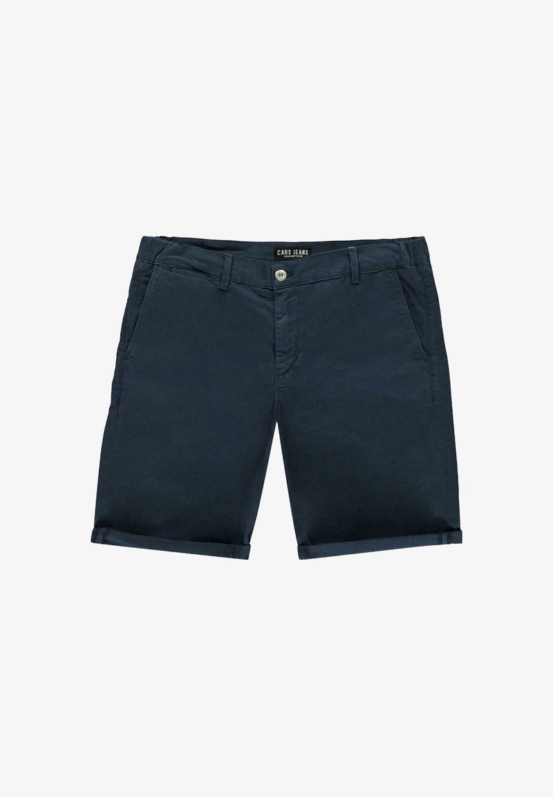 Marineblauwe katoenen shorts met een knoopsluiting aan de voorkant, riemlussen, zijzakken en opgerolde manchetten. Soepele textuur met een klassiek ontwerp.