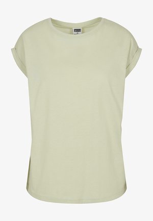 Hellgrünes T-Shirt mit kurzen Ärmeln und Rundhalsausschnitt, mit umgeschlagenen Ärmeln und Seitenschlitzen. Weiches Material mit lockerer Passform und minimalen Designdetails.