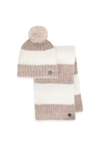 Zestaw dzianinowy szalik i czapka w kremowe i jasnobrązowe paski. Czapka ozdobiona pomponem. Na szaliku ciemna naszywka z logo. Miękki, teksturowany materiał.