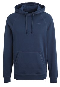 Tmavě modrá mikina s kapucí, měkký bavlněný materiál, klokaní kapsa, šňůrky na kapuci, žebrované manžety a lem, minimální značení na přední straně.