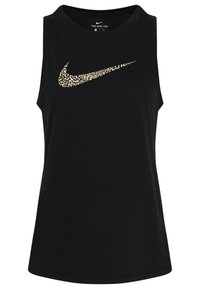 Top senza maniche nero in cotone, con il logo swoosh di Nike in stampa leopardata dorata. Design semplice con scollatura rotonda.