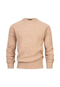 Maglione a coste beige con maniche lunghe e scollo rotondo; tessuto morbido con una piccola etichetta logata sull'orlo.