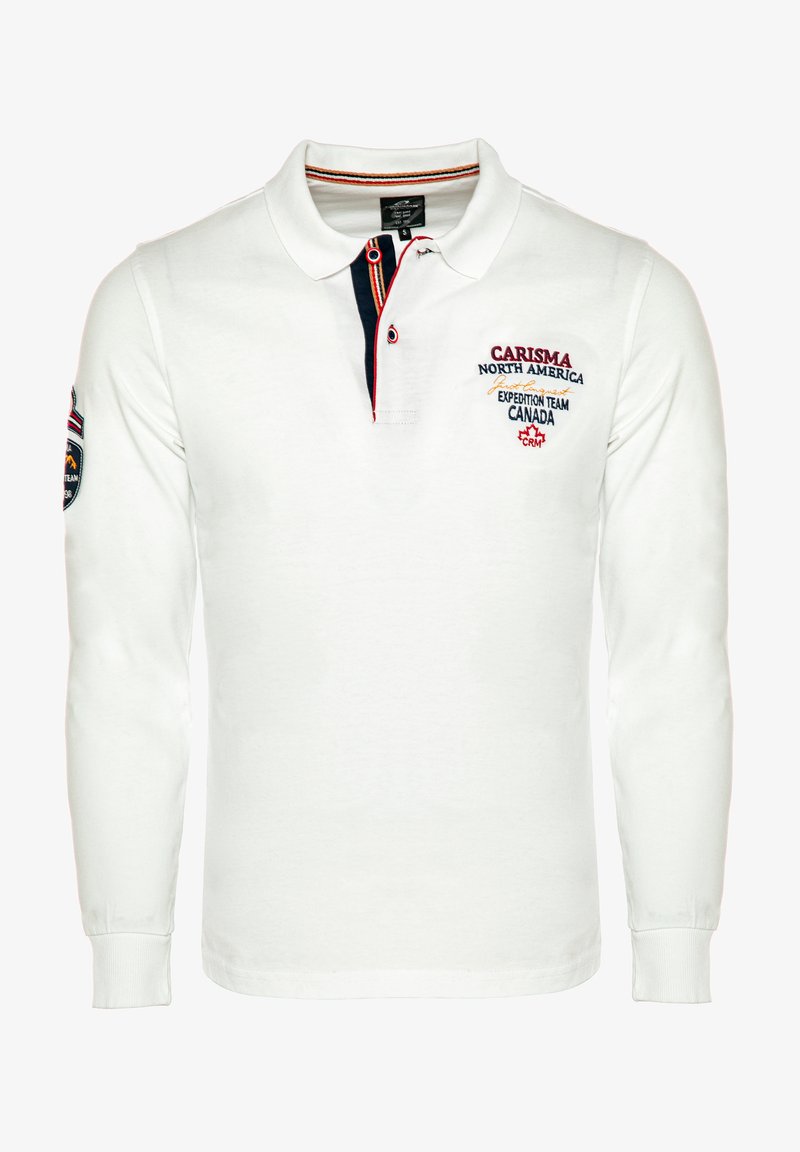 Hvid langærmet polo skjorte med foldet krave, prydet med marineblå og røde detaljer, broderede logoer og knaplukning. Blød bomuldsstruktur.