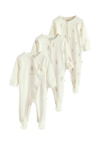 Drei Babyschlafanzüge aus weichem, cremefarbenem Stoff mit pastellfarbenen Tiermotiven und gepunktetem Muster, ausgestattet mit Druckknöpfen und mit Füßchen.