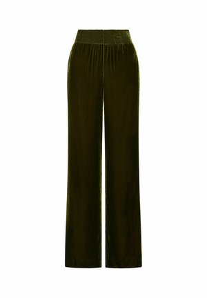Olivgrüne Hosen mit weitem Bein aus weichem Samt und gerafftem Taillenbund. Glatte Textur und langes Design. Keine auffälligen Muster oder Akzente.