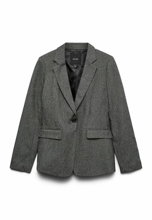 Blazer gris con tejido texturizado, cierre de un solo botón, dos bolsillos delanteros y solapa con muesca. Interior forrado.