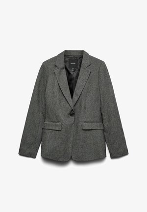 Sivi blazer iz teksturirane tkanine, z enim gumbom za zapiranje, dvema sprednjima žepoma in zarezanimi ovratnikom. Podložen notranjost.