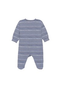 Langärmliger Bodysuit aus weicher Baumwolle, mit blauen und grauen horizontalen Streifen, mit Schnappverschlüssen an den Füßen für ein einfaches Ankleiden.