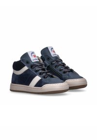 Marine hoge sneakers van leer en suède, met een ontwerp van witte strepen, meerkleurige veters en een zijrits voor comfortabele instap.