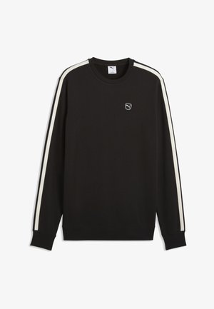 Schwarzes Sweatshirt mit langen Ärmeln, weißen Streifen auf den Ärmeln und kleinem weißem Puma-Logo auf der linken Brust.