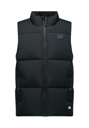 Schwarze gesteppte ärmellose Weste mit hohem Kragen, Frontreißverschluss, seitlichen Druckknopftaschen und kleinem Logo-Patch auf der Brust und an der unteren Ecke.