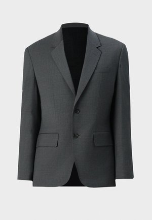 Gray blazer made of textured fabric. It features a notched collar, two front pockets, and two buttons at the front, with a tailored fit.