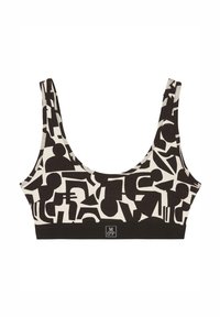 Zwarte en crèmekleurige geblokte bralette met een geometrisch ontwerp, brede bandjes en een stevige zwarte onderband met een logo-label.