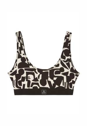 Zwarte en crèmekleurige geblokte bralette met een geometrisch ontwerp, brede bandjes en een stevige zwarte onderband met een logo-label.