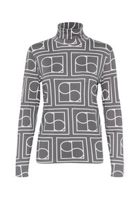 Grauer Rollkragenpullover mit einem geometrischen weißen Muster, das umrissene Formen zeigt, langen Ärmeln und einer körpernahen Passform. Weicher, dehnbarer Stoff.