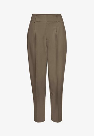 Pantalones de cintura alta y corte a medida en verde oliva con pliegues frontales, trabillas para cinturón y piernas estrechas.