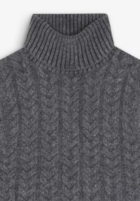 Gray turtleneck sweater featuring a ribbed collar and textured cable knit pattern, made of soft, warm fabric.