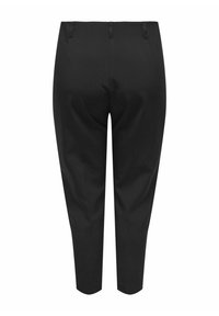 Svarta skräddarsydda byxor med en avsmalnande silhuett. Slät textur och två bakfickor; har en knapp- och hyskestängning.