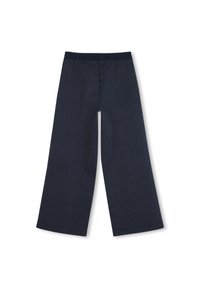 Navyblauwe wijde broek met verticale witte strepen, elastische tailleband, zachte textuur en geen zichtbare hardware of accenten.