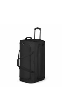 Grand sac de voyage noir à roulettes avec une poignée rétractable solide, des poignées latérales doubles et des compartiments zippés, fabriqué en tissu durable.