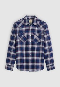 Laivastonsininen ruudullinen paita, jossa on valkoisia ja punaisia yksityiskohtia, pitkät hihat, kärjellinen kaulus, kaksi rintataskua ja etupainonappikiinnitys.