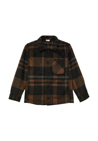 Plaid shirt in black, brown, and gray. Made of soft fabric with a button-down front and a single chest pocket. Long sleeves with cuffed ends.