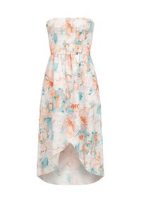 Ermeløs blomsterkjole med smock-bodice i nyanser av fersken og turkis, med en flytende asymmetrisk nederkant. Laget av lett stoff.