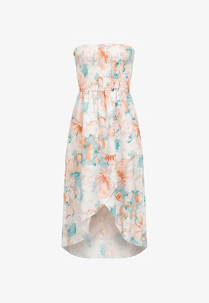 Trägerloses Blumenkleid mit gesmocktem Oberteil in Pfirsich- und Türkistönen und einem fließenden, asymmetrischen Saum. Aus leichtem Stoff gefertigt.
