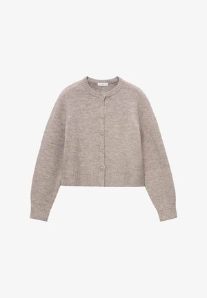 Ljusgrå ullkofta med rund hals, långa ärmar och knäppning fram; har ribbad nederkant och ärmar, texturerad tyg.