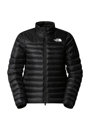 Giacca a vento nera con zip frontale, colletto alto e sezioni trapuntate verticali. Realizzata in tessuto lucido e leggero con logo sul petto.