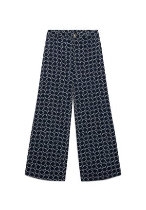 Pantaloni blu navy a gamba larga con motivo bianco di anelli interconnessi, chiusura con bottoni e passanti per cintura in vita, mostrati distesi su sfondo bianco.