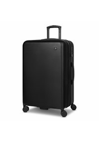 Valigia nera rigida con finitura testurizzata, maniglia retrattile e quattro ruote per una facile mobilità. Presenta una chiusura principale con zip.