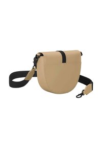 Beige læder crossbody taske med en afrundet form, sort rem og sorte detaljer. Den har en magnetisk fl flaplås og metalbeslag.