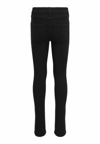 Jean slim-fit noir vu de dos avec deux poches arrière, passants pour ceinture et taille mi-haute sur fond blanc.