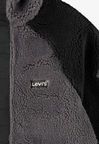 Flis jakna v odtenkih sive barve, ki se ponaša z mehkobo, črnimi detajli in Levi's logotipom. Oblikovanje vključuje visok ovratnik in trdne šive.